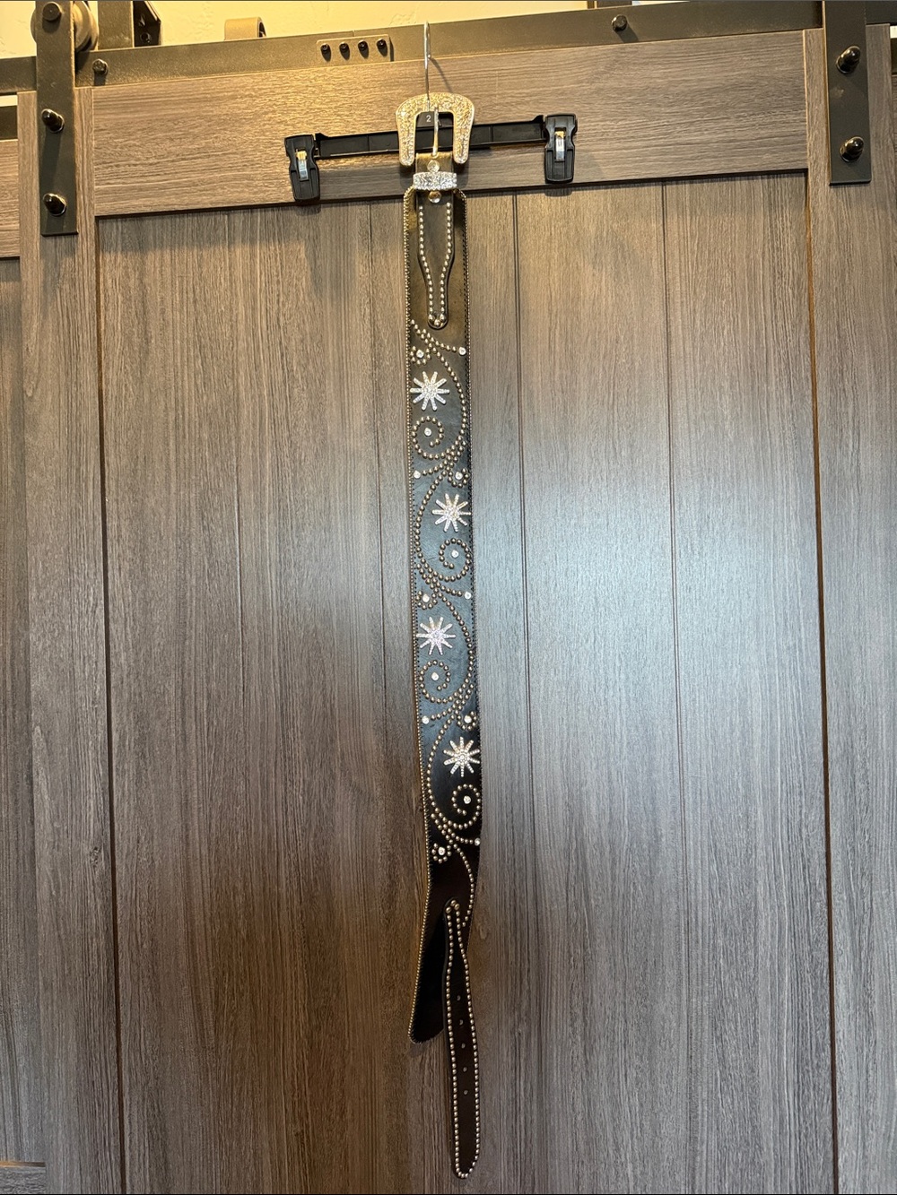 Black Studded Floral-Accent Leather Belt with Silver Buckle